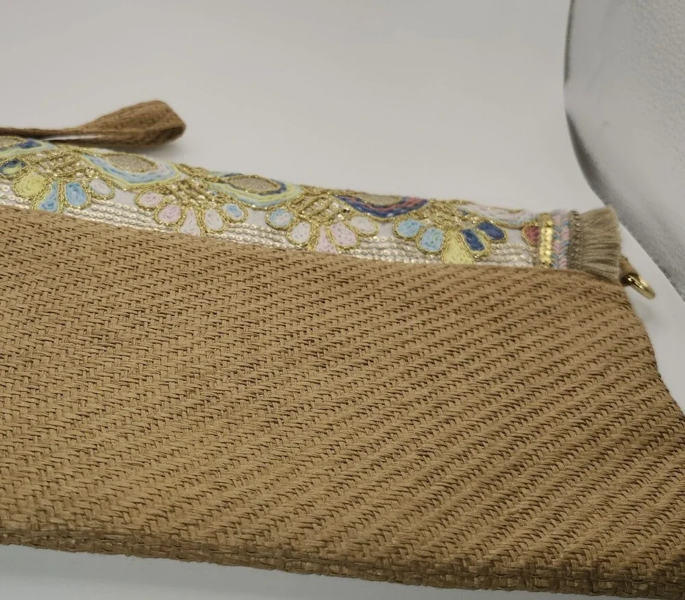 Embroidered Straw Clutch in Tan, Gold, Blue, Pink, Yellow